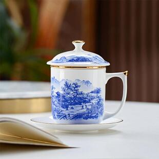 文创国潮带盖茶水陶瓷杯子大容量商务办公会议骨瓷杯盖茶漏礼品杯