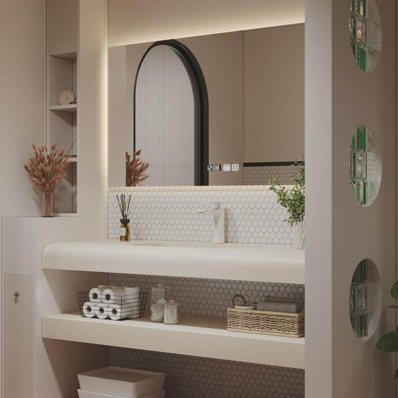 现代奶油风双层岩板浴室柜平替可丽耐无缝一体盆洗手池洗漱台组合,家装主材,浴室柜组合,淘宝优惠券,粉丝福利购,淘宝优惠卷