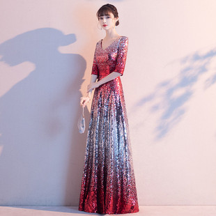 晚礼服2021春季 红色气质显瘦主持人宴会大合唱团演出服长裙女 新款