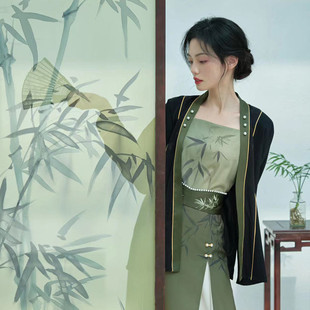 亦有竹【今夜白】春夏提花丝质珍珠黑色袖套装印花裥裙