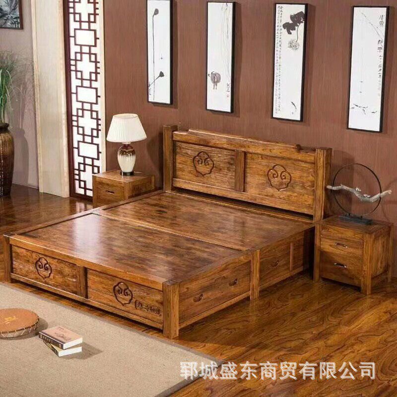 古典双人床简约民宿酒店大床新中式家具实木高低床禅意老榆木婚床
