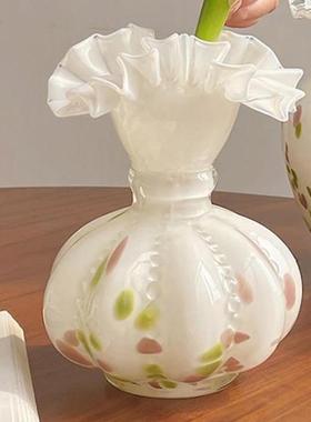 白色fenton芬顿花瓶褶皱花边中古单耳玻璃客厅水养插花器摆件