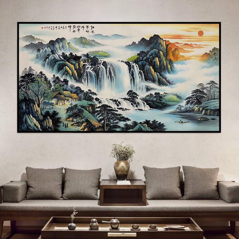 新中式纯源远流长手绘油画风景画靠山图办公室会议室客厅大幅挂画