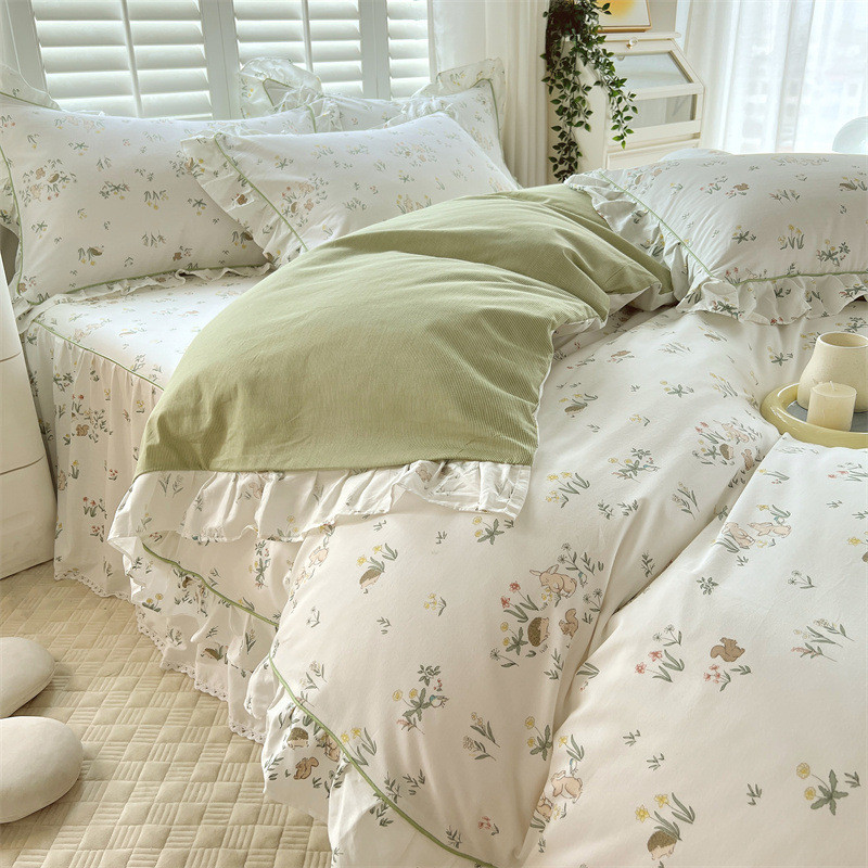 棉四件套ins韩式复古碎花批发少女心公主风荷叶边棉床裙4件套