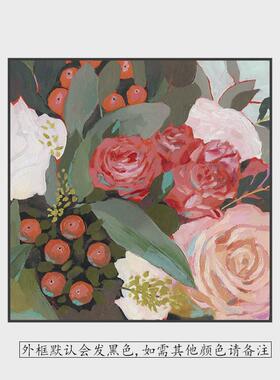 现代沙发背景墙玄关挂画红色玫瑰花朵客厅卧室床头装饰画方形壁画