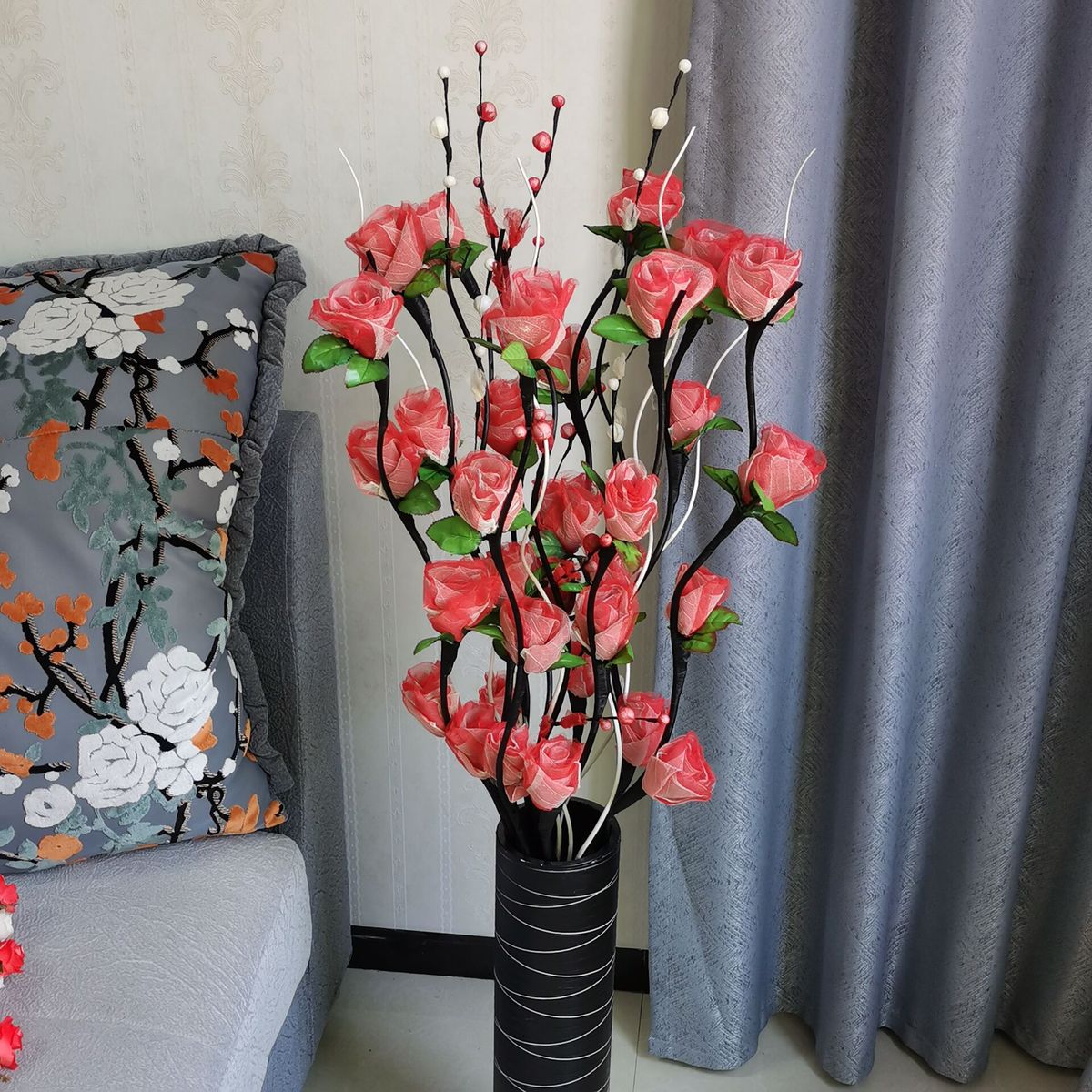 叶脉干花客厅落地摆件干枝假花仿真干花插花玫瑰新房装饰电视柜旁