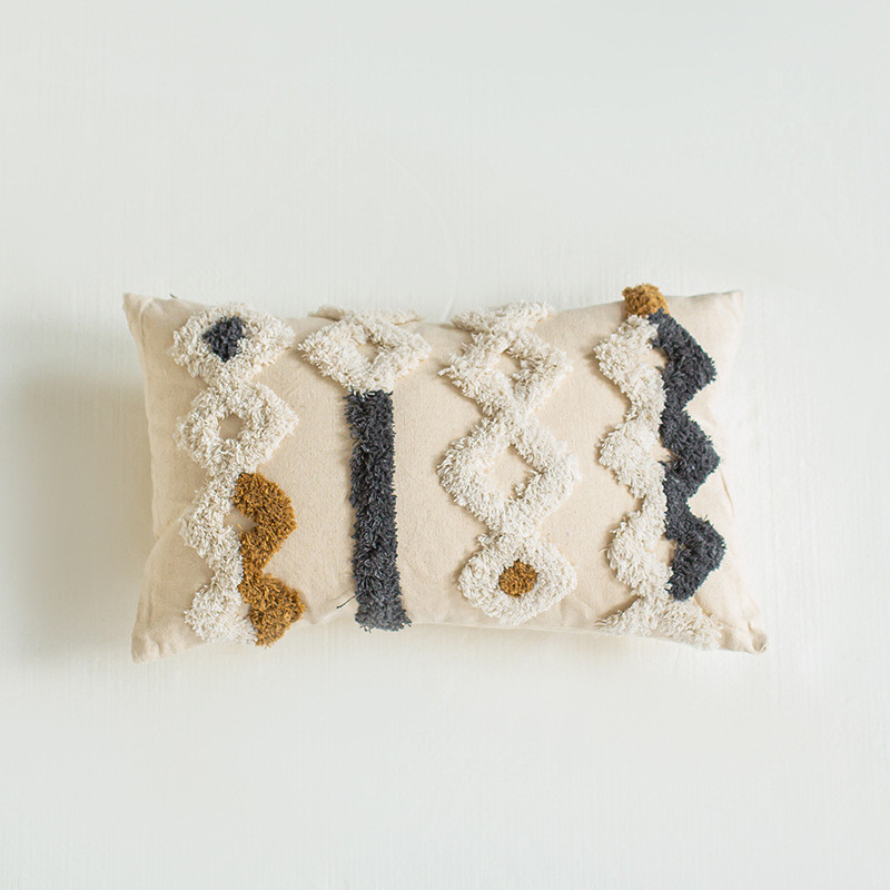 北欧风全棉几何簇拥刺绣抱枕套 家居装饰样板间簇绒刺绣沙发靠垫