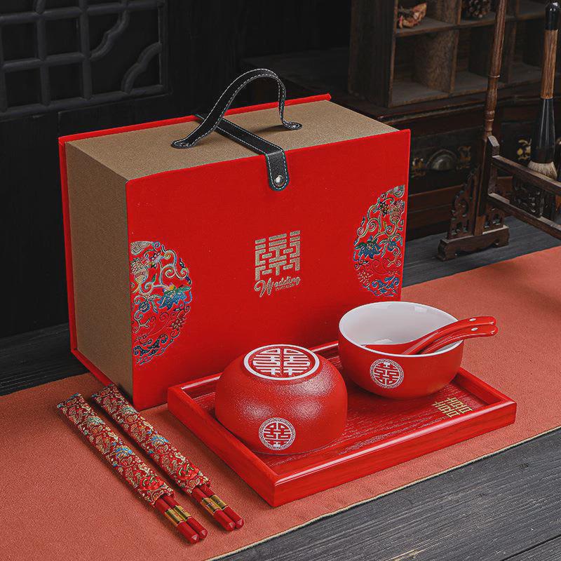中式红色敬茶杯套装结婚陶瓷改口杯婚庆用品新婚新人婚礼喜杯盖碗