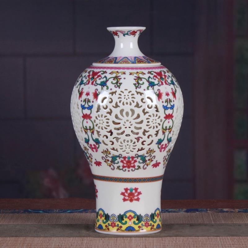 景德镇现代瓷器时尚工艺品双层镂空梅瓶创意古典花瓶家居装饰摆件