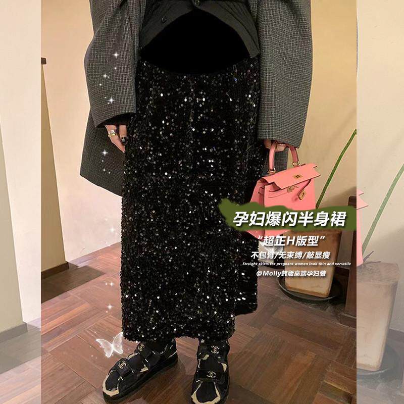 孕妇黑色亮片闪闪春秋外穿时尚中长款后开叉直筒丝绒