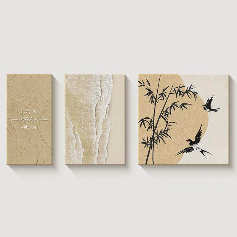 奶油风客厅装饰画艺术大气沙发背景墙挂画高级感肌理砂岩三联壁画