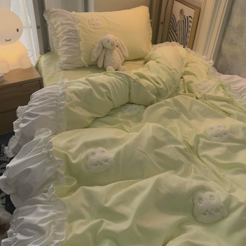 少女心ins刺绣被套公主风荷叶花边床单人床裙四件套水洗棉三件套