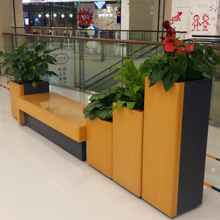 饰花盆成套玻璃钢花器 仿木休闲方形花箱坐凳美陈组合户外商场纹装