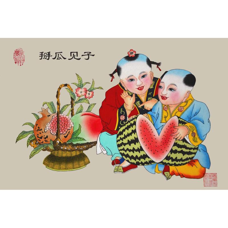 7oxw杨柳青年画娃娃连年四季宣纸手绘出国礼品中国风特色礼品有余