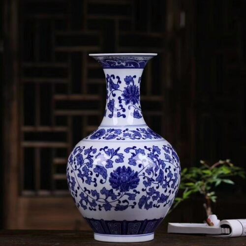 景德镇陶瓷器仿古青花瓷花瓶装饰品摆件枝莲中式博古架客厅书房缠