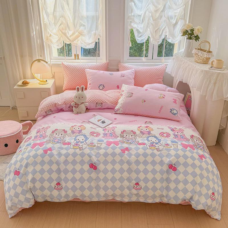 秋冬新款全棉豆豆绒四件套学生宿舍床上三件套两用单被套卡通正反