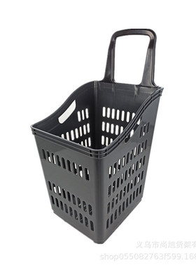 logo绿色四轮塑料拉杆篮超市高背板手推篮购物篮带轮子可丝印商场