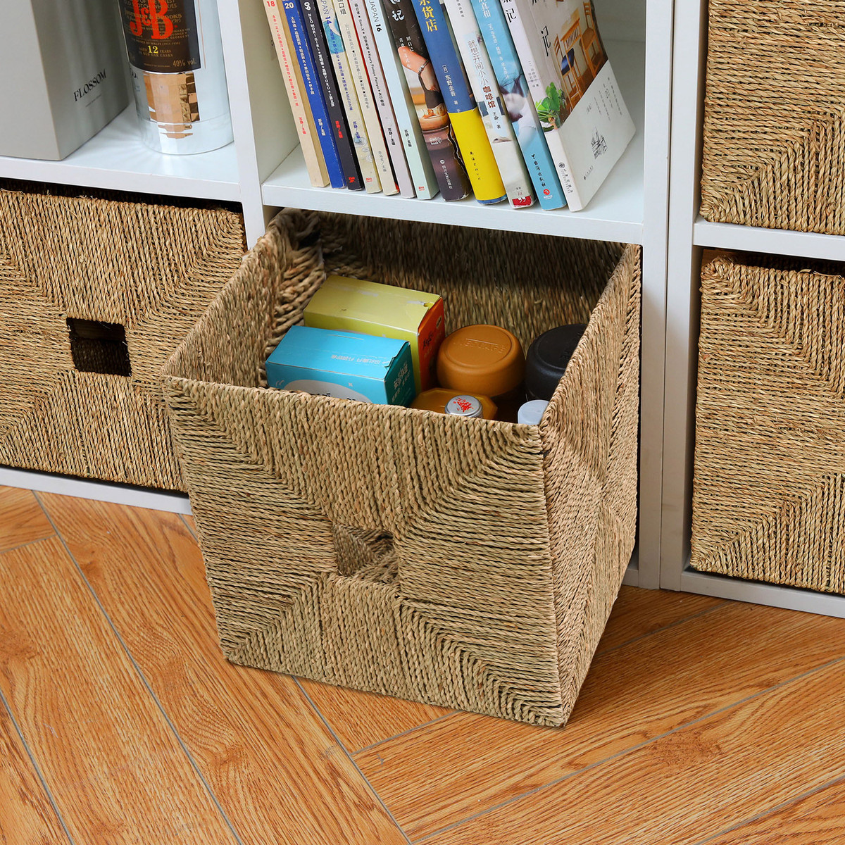 热销6s家居尼萨篮自然海草篮筐宜收纳箱手工编织藤编框储物柜克置