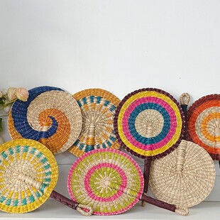 扇子古风高颜值折扇越南草编扇圆形海草彩色蒲扇摇扇家居墙壁挂扇