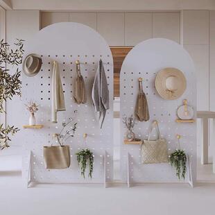 扇形木屏风客厅玄关装饰隔断洞洞板可折叠木制立式半圆展示落地架