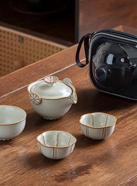 热销da4k古道源天青月白汝窑陶瓷开片茶具旅行便携茶具一壶三杯中