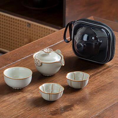 热销da4k古道源天青月白汝窑陶瓷开片茶具旅行便携茶具一壶三杯中