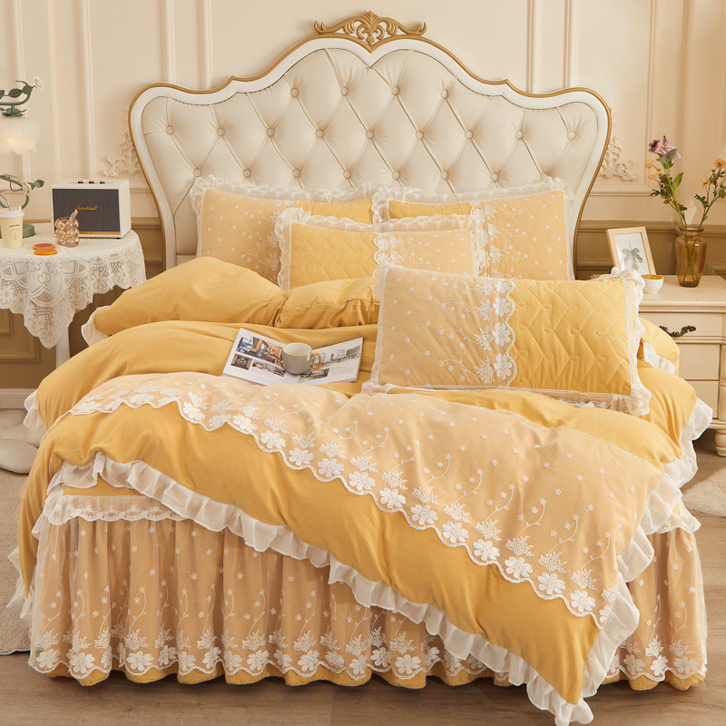 欧式纯色水洗夹床裙式棉四件套蕾丝花边公主风床罩款春秋床上用品