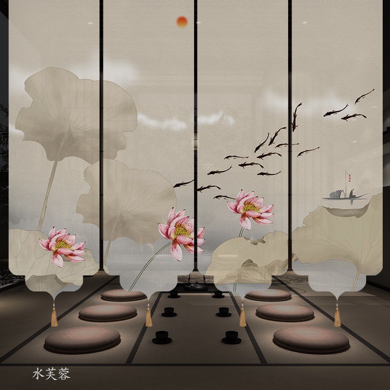 新中式门帘国风山水画玄关茶室隔断卷帘透景半垂挂纱帘屏风遮挡帘