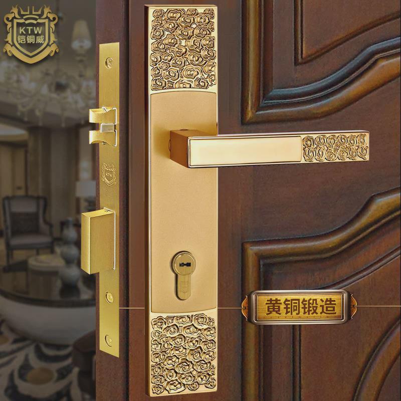 铠铜威别墅新中式铜金色大门锁入户静音黄铜子母门双开执手锁