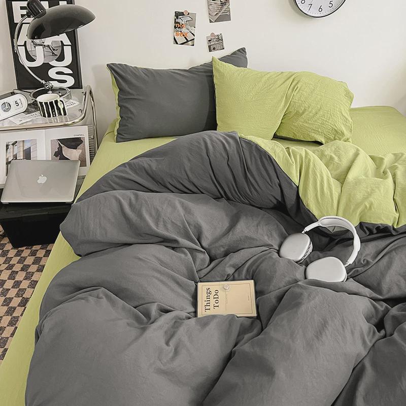 ins纯色床上用品水洗棉四件套简约款罩床笠被套宿舍床单人三件套4