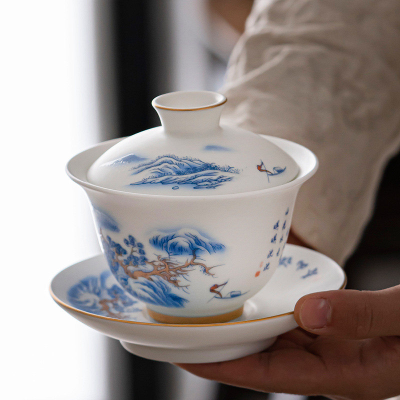 羊脂玉素烧白瓷盖碗茶杯泡茶单个不烫手陶瓷三才茶碗创意雪景茶具