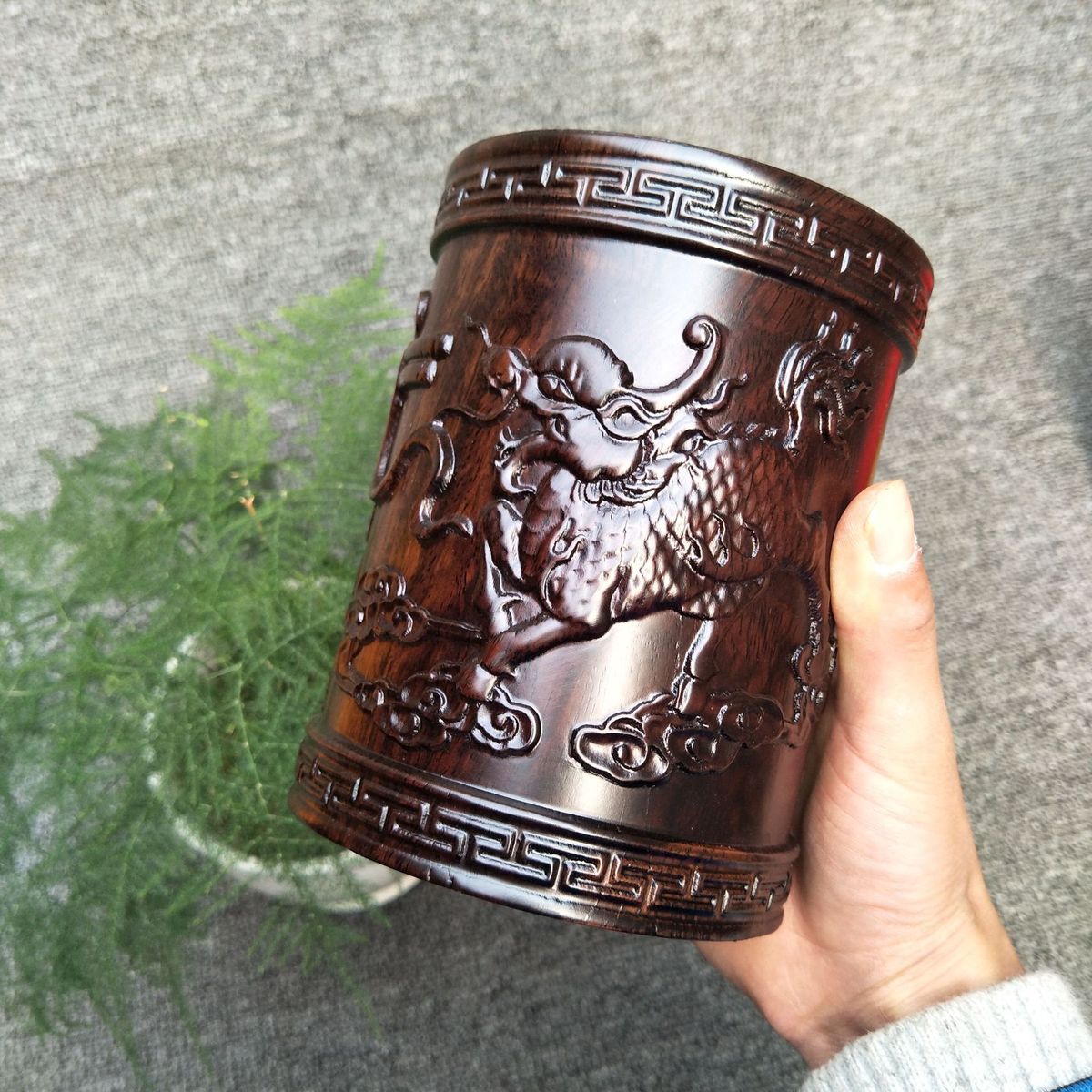 红木笔筒木头雕刻工艺品摆件批发黑檀木黑办公用品木浮雕圆形梓1