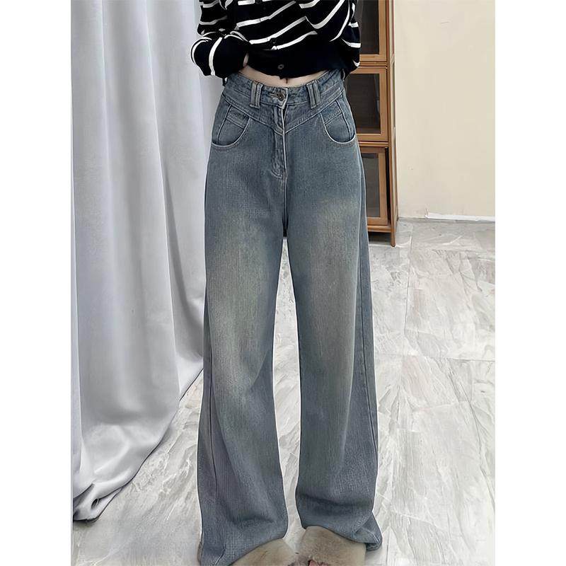 蓝美式直筒大码梨形身材设计感显瘦阔腿裤,女装/女士精品,大码裤装,淘宝优惠券,粉丝福利购,淘宝优惠卷