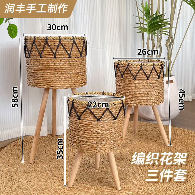 手工花架置物架客厅落地简约高低藤编绿萝吊篮三角花架编织花架批