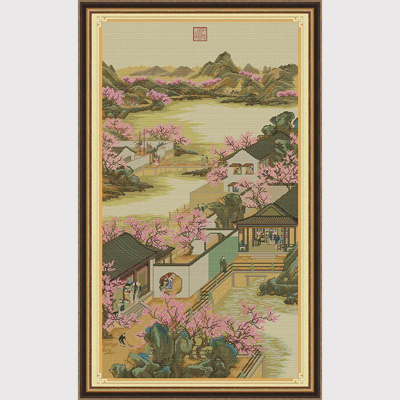 雍正十二月十字绣新款客厅竖版中国风景画线绣玄关刺绣名画非满绣