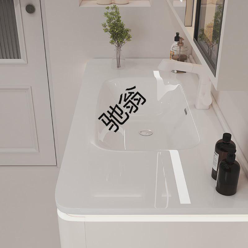 q娥简约奶油风圆角陶瓷一体盆现代实木智能浴室柜组合洗漱台洗手
