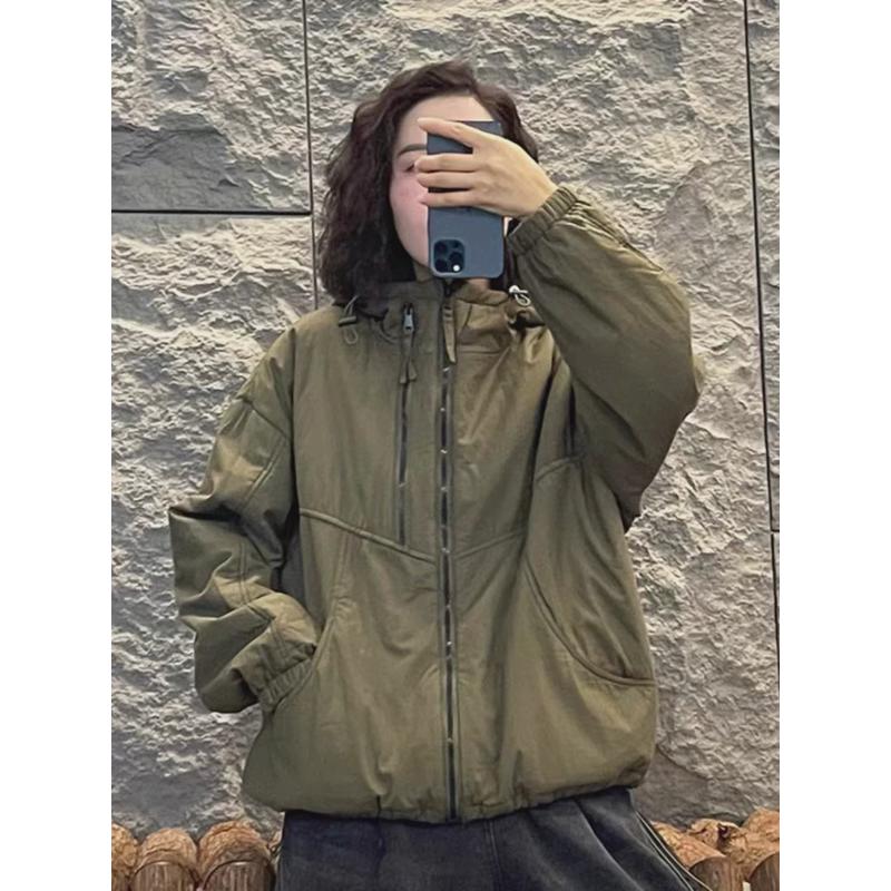 韩版双拉链短款外套女2024秋冬新款休闲抽绳夹棉棉服连帽夹克新款