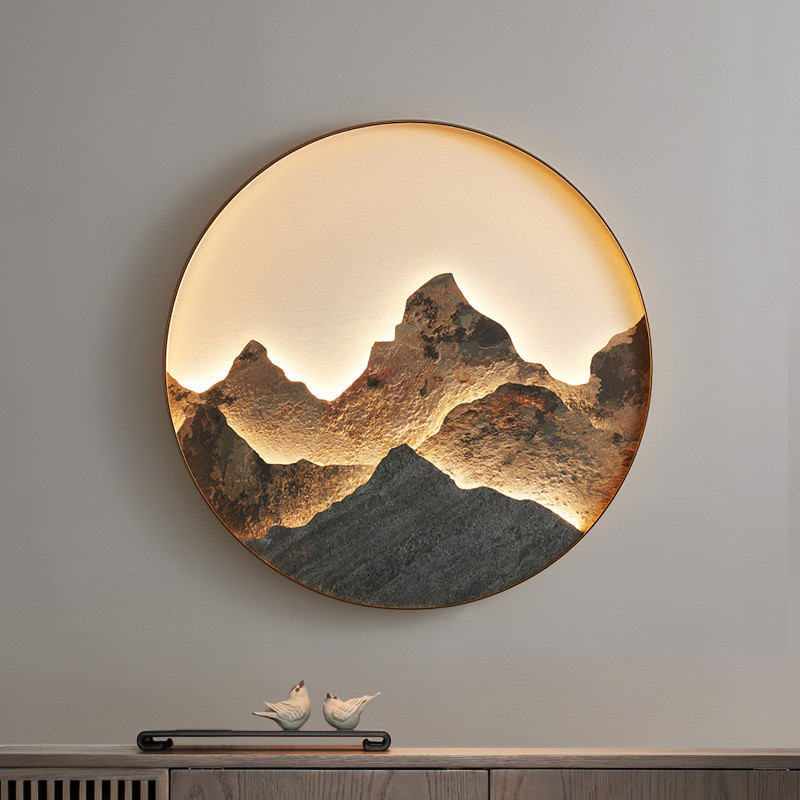 新中式岩板壁灯入户玄关装饰画客厅背景壁画灯圆形茶室立体山水画