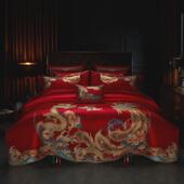 新中式 婚嫁刺绣四件套结婚1.8米2米床上用品红色六件套龙凤被套