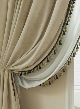 55N美式复古风雪尼尔窗帘橄榄绿2024新款卧室全遮光轻奢感婴