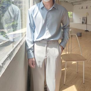 秋冬抗褶皱免熨烫宽松男长袖衬衫雪纺仿棉质感柔软垂坠高级浅蓝色