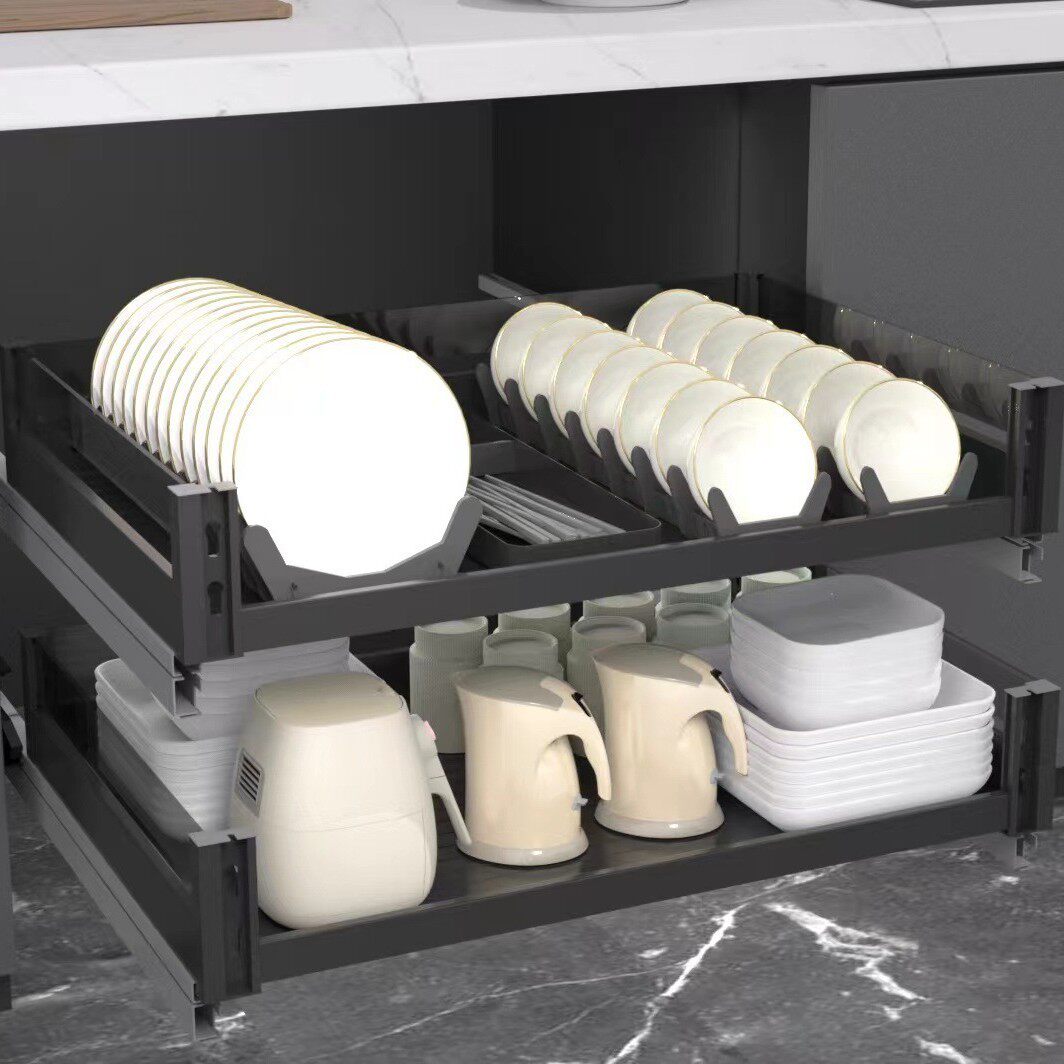 热销全铝拉篮平篮厨房橱柜铝合金拉篮平蓝三层双层抽中抽玻璃碗内