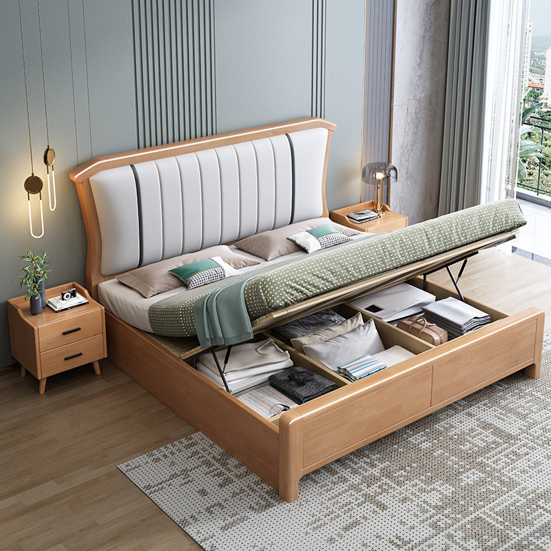 实木床现代简约轻奢软包双人主卧室婚床小户型家用1.8m北欧储物床