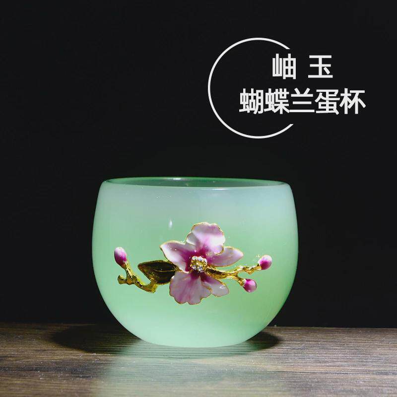 蝴蝶兰贴花玉瓷茶杯玻璃个人杯珐琅单杯品茗杯茶具彩琉璃主人杯