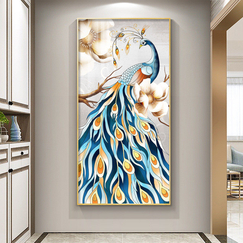 xei3孔雀新中式挂画走廊过道壁画正对门玄关装饰画现代客厅晶瓷画