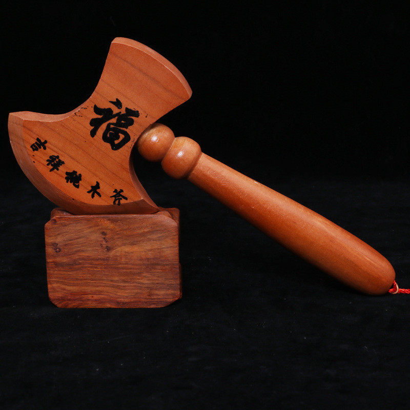 桃木雕刻龙头雕刻摆件桃木雕刻龙头斧工艺品摆件木盒包装桃木斧