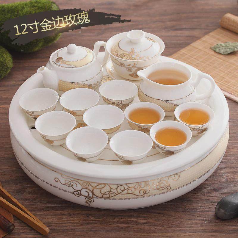 潮州12寸高档陶瓷功夫茶具套装家用客厅欧式带圆形茶盘全套一整套