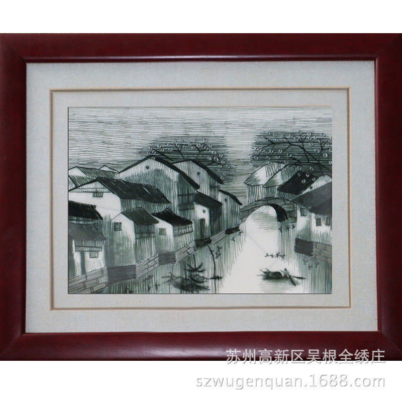 苏绣带框装饰画客厅书房挂画苏州手工刺绣成品商务礼品水乡风景画