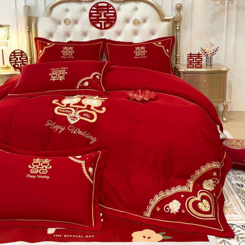 婚庆四件套大红中式结婚床上用品龙凤刺绣婚床床单被套