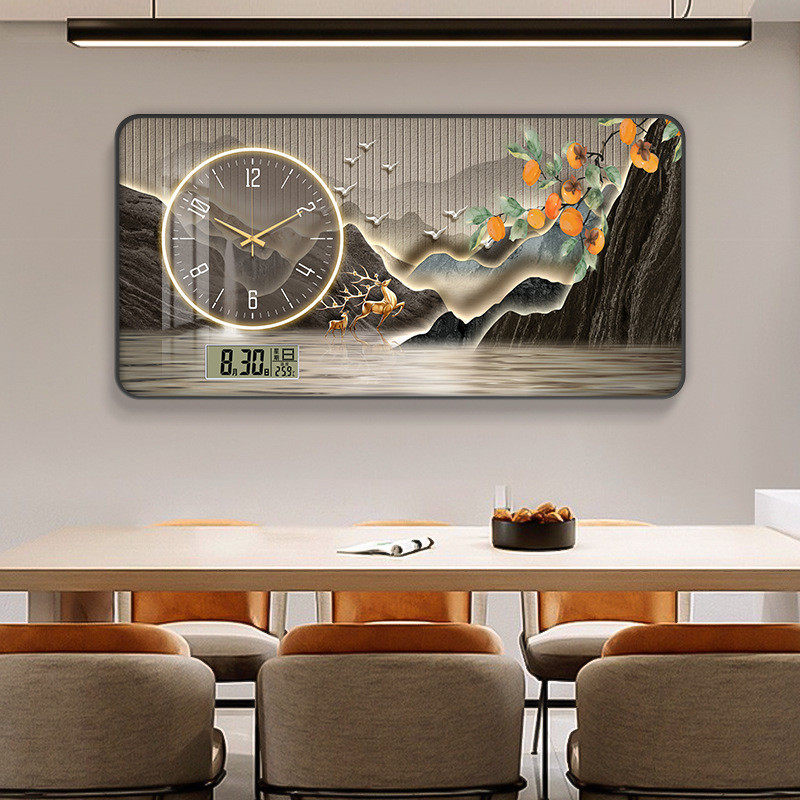 h4ke批发餐厅装饰画山水画万年历新中式钟表挂画客厅家用时尚静音